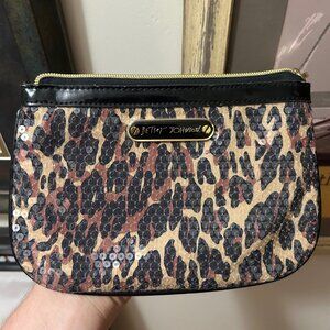 Betsey Johnson Zippered Make-Up Cheetah Print Sequins Cosmetic Bag Pouch Brass